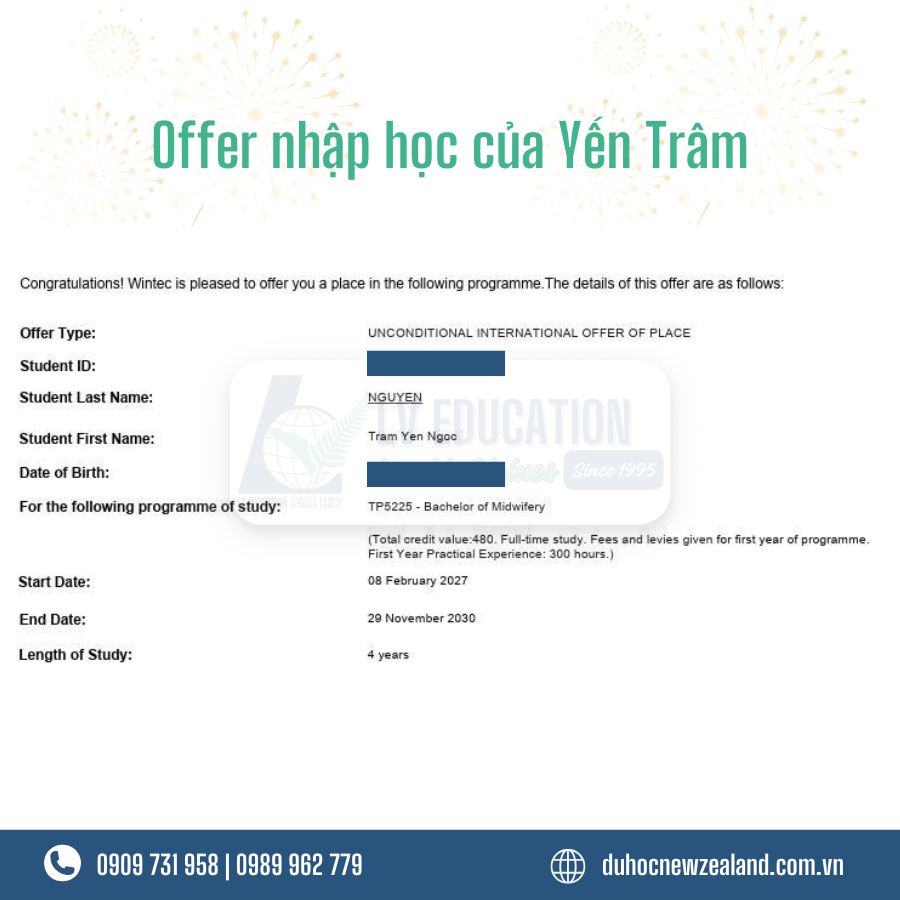 Offer nhập học ngành hộ sinh của Yến Trâm
